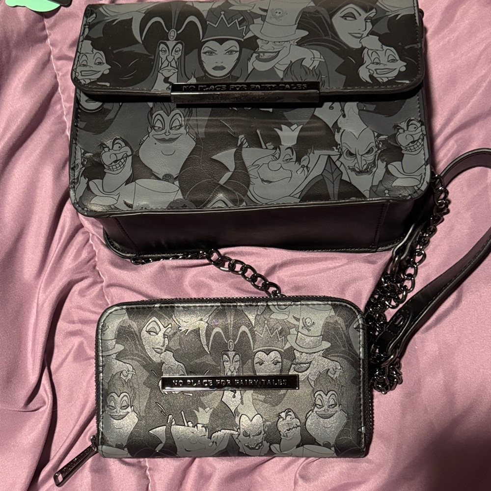 Disney Villains Gray and Black Crossbody Bag and wallet.
